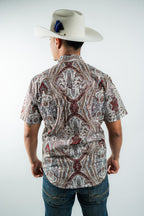 Texas Country - White &amp; Maroon Floral Pearl Short Sleeve Shirt (PS100S/T #1120) - Gomez Western Wear