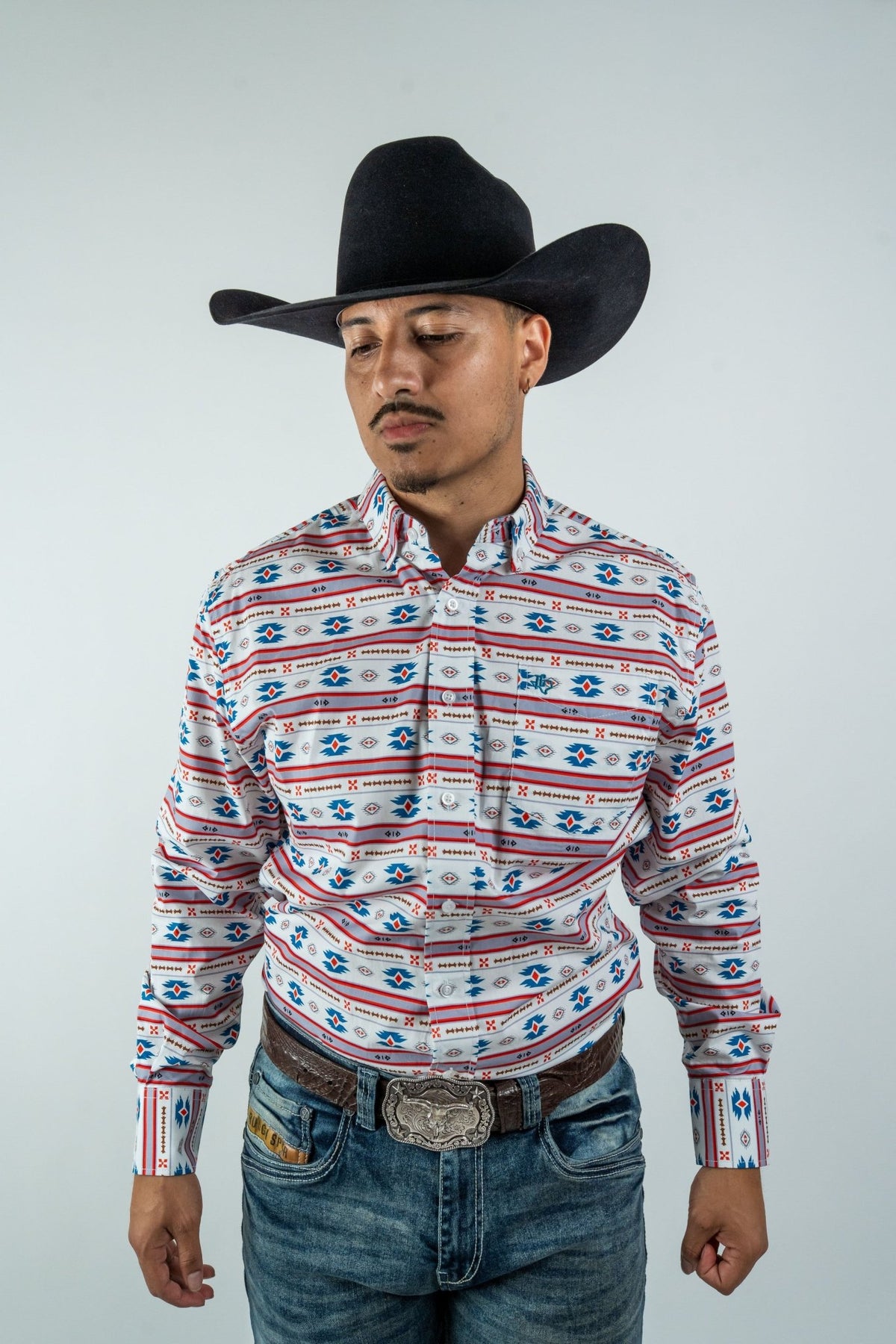 Texas Country - White Aztec Stripe Pearl Snap Long Sleeve Shirt (PS300L/T #1054) - Gomez Western Wear